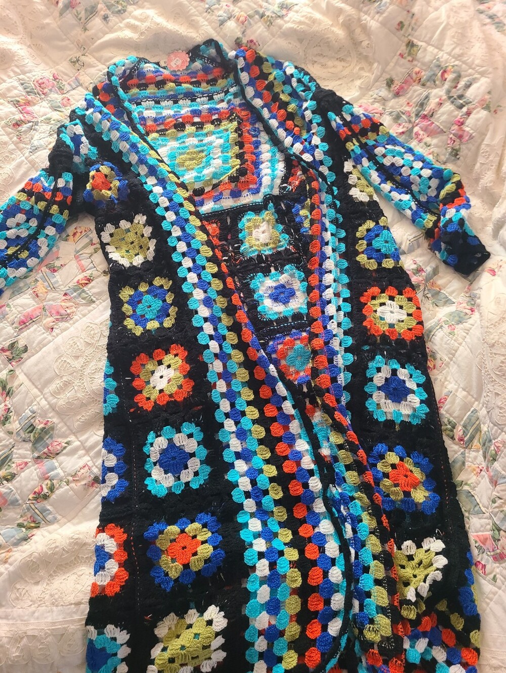 POL Crochet Maxi Cardigan - Black with Multicolor Floral Squares Granny Square - Picture 4 of 6